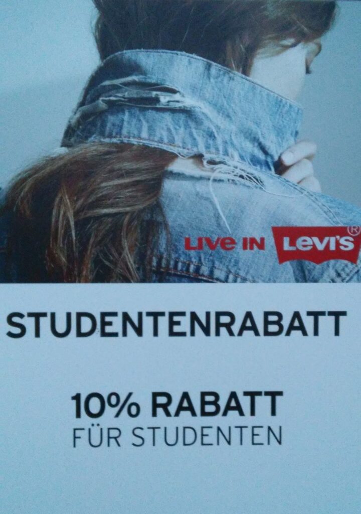 Levi's-Anzeige mit der Aufschrift "Studentenrabatt: 10% Rabatt für Studenten"