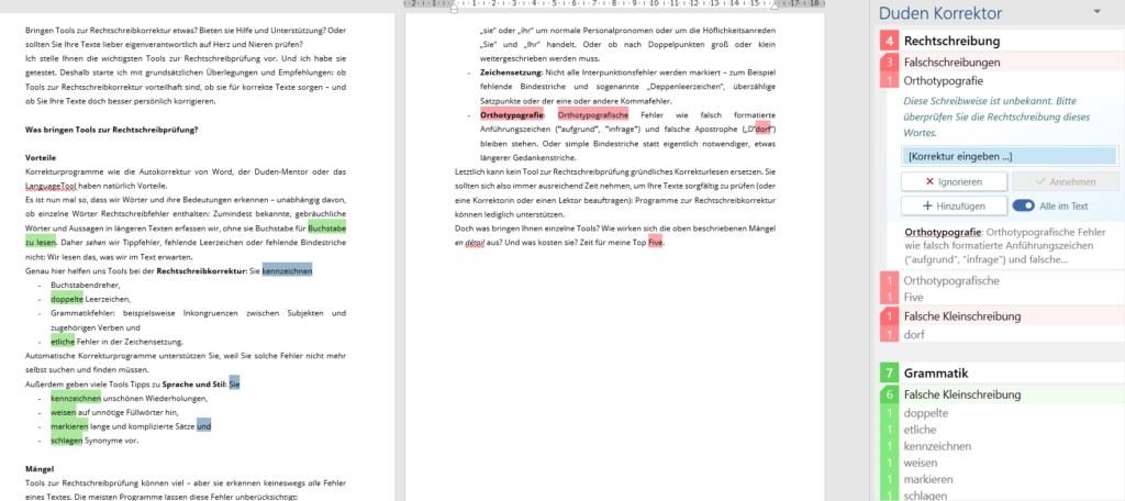 Screenshot, der Rechtschreibprüfung des Duden-Korrektors mit gekennzeichneten Rechtschreib- und Grammatikfehlern