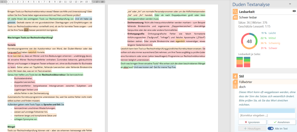Screenshot der Lesbarkeitsanalyse des Duden-Korrektors mit Einschätzung einzelner Sätze als leicht, mittel, schwierig und schwer verständlich