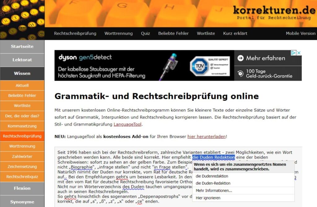 Screenshot der Rechtschreib- und Grammatikprüfung von korrekturen.de mit Kennzeichnung der aufgefundenen Fehler