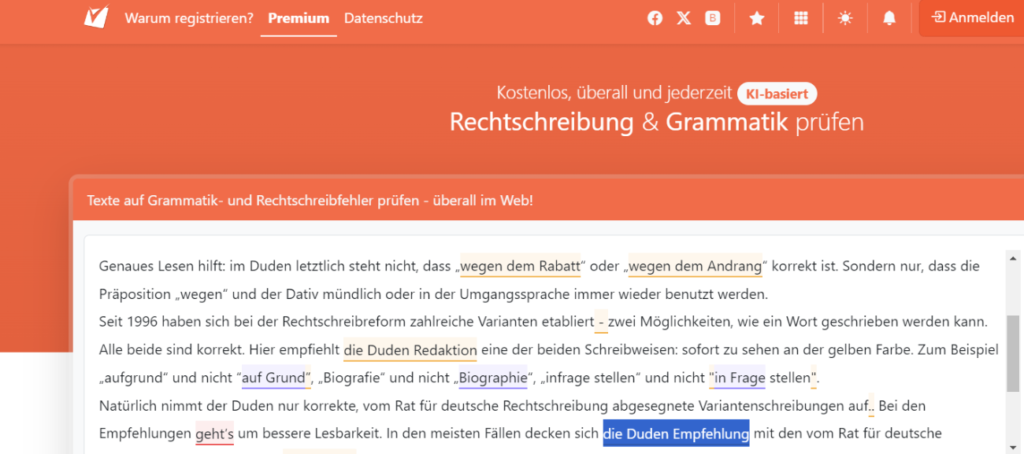 Screenshot der Rechtschreib- und Grammatikprüfung von rechtschreibpruefung24.de mit Kennzeichnung der aufgefundenen Fehler