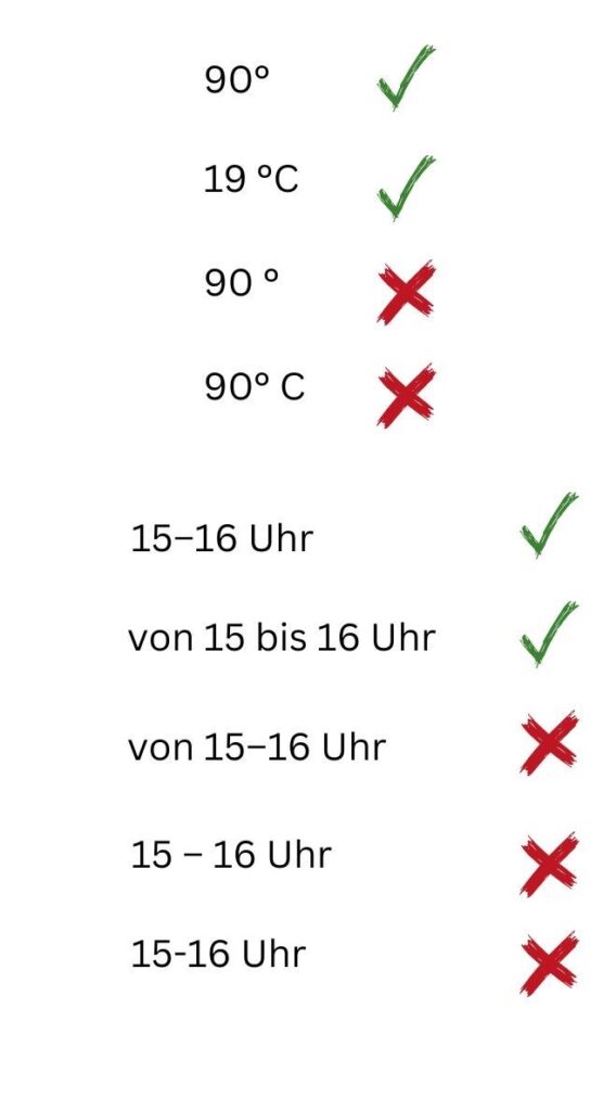 Orthotypografie: richtig und falsch formatierte Zahlenangaben