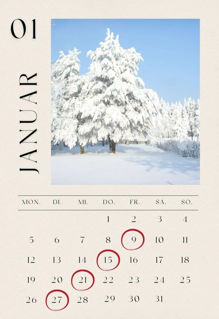 Datum richtig schreiben: Kalender für den Monat Januar 2026, die Tage 9.1., 15.1., 21.1. und 27.1. sind rot eingerahmt