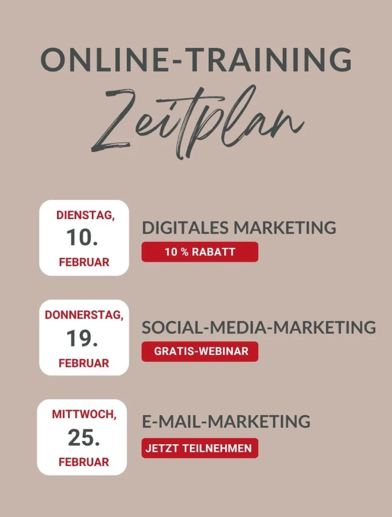 Datum richtig schreiben: Grafik mit folgender Beschriftung: Online-Training Zeitplan, Dienstag, 10. Februar: Digitales Marketing, 10 % Rabatt, Donnerstag, 19. Februar: Social-Media-Marketing, Gratis-Webinar, Mittwoch, 25. Februar: E-Mail-Marketing, jetzt teilnehmen