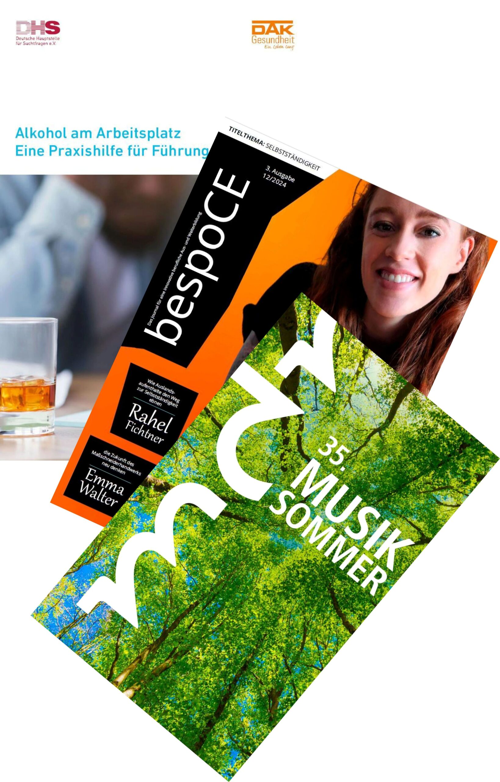 Drei von Sandra Meinzenbach lektorierte Magazine: Alkohol am Arbeitsplatz: Eine Praxishilfe für Führungskräfte, bespoCE: Das Journal für eine innovative berufliche Aus- und Weiterbildung, 35. mdr-Musiksommer