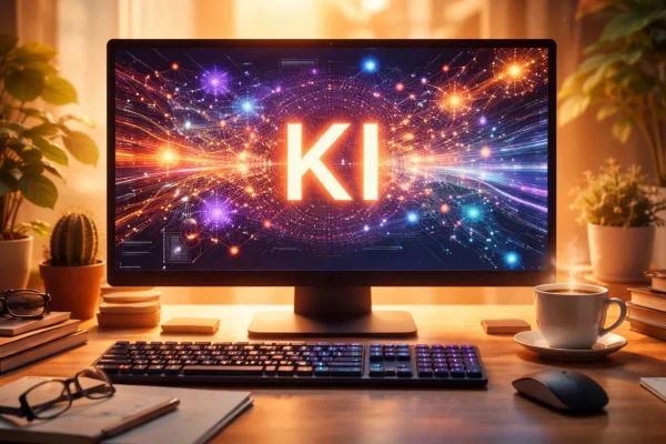 Mensch oder KI: Schreibtisch mit Computer, auf dessen Bildschirm "KI" steht, Tastatur, Mouse, Kaffeetasse, Notizblöcken, Brille, Büchern und Zimmerpflanzen