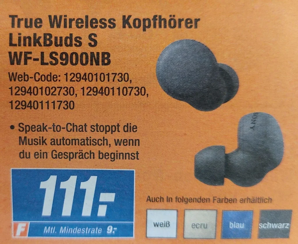 Bindestriche setzen: Werbeanzeige "True Wireless Kopfhörer" mit Rechtschreibfehlern: Es wurden keine Bindestriche eingefügt, sondern Leerzeichen gesetzt.